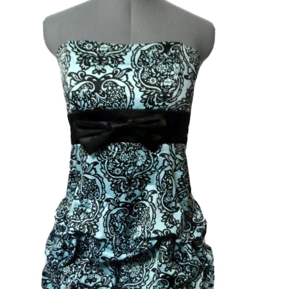 RUBY ROX Formal Dress 9 M/L Black Blue Floral Fleur Empire Sweetheart Tiered HOT